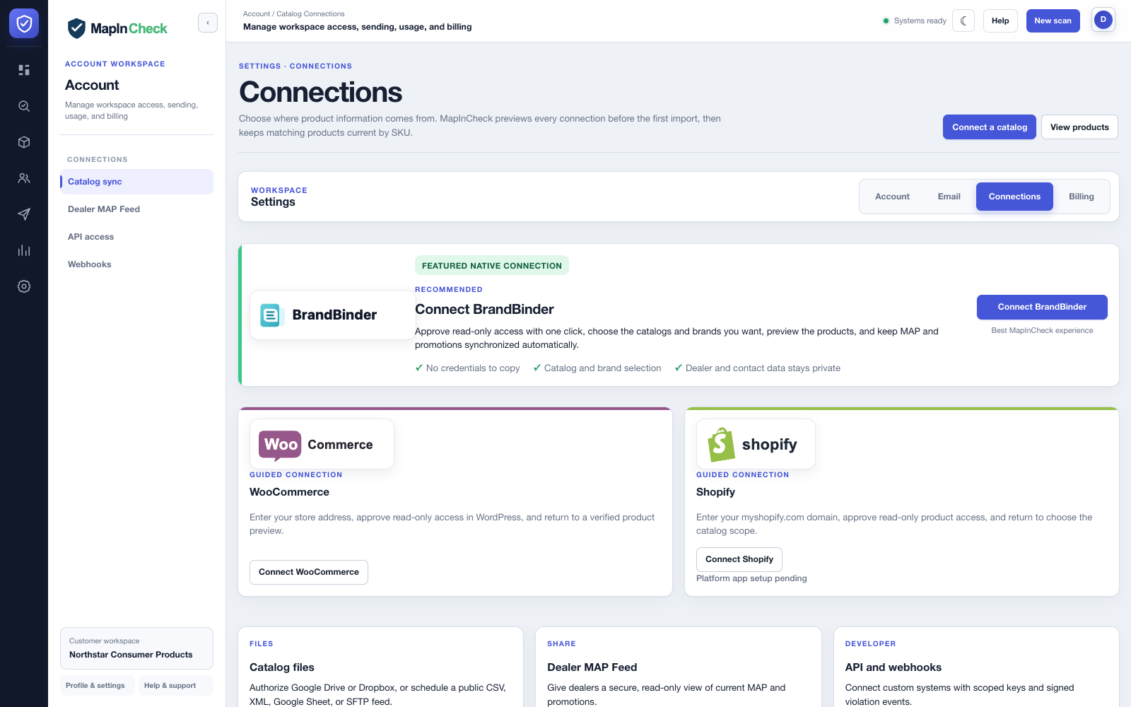 MapInCheck catalog connections interface showing BrandBinder with fictional demo data